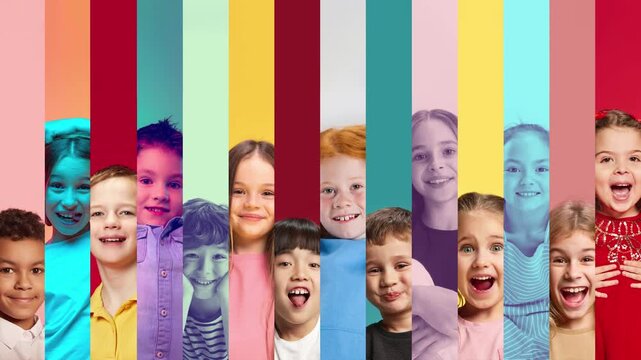 Multicultural children portraits behind vertical color stripes. Concept of school enrollment ads, children charity campaigns, education websites, diversity posters and family brand design.