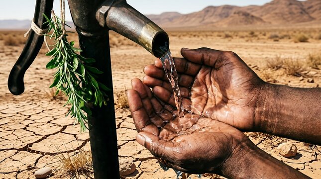 Cupping Fresh Water from a Pump in a Dry Desert Landscape