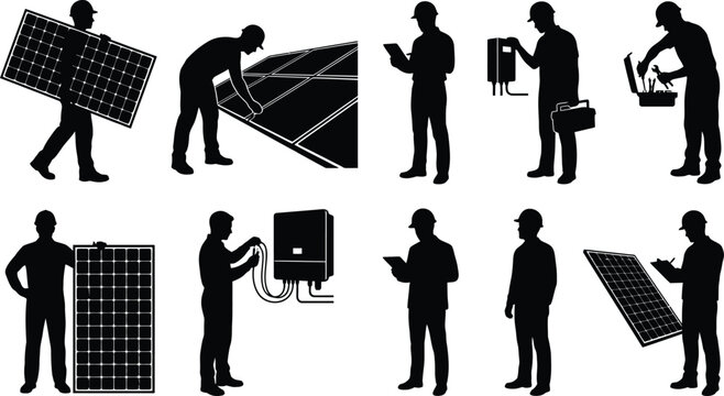 Silhouette of workers installing and maintaining solar panels on site