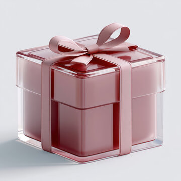Translucent acrylic gift box with pink ribbon, square shape, modern style, elegant packaging, soft shadow, minimal background