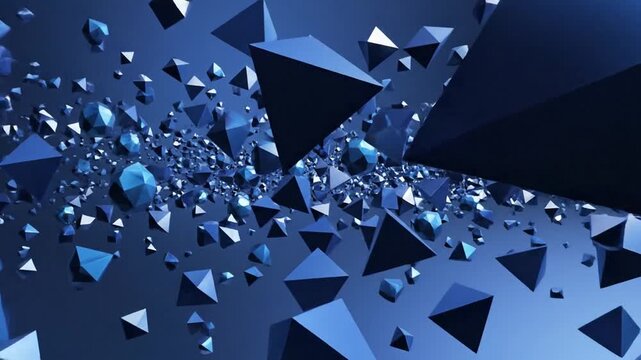 Vibrant blue triangular shapes explode outward in a dynamic geometric pattern.