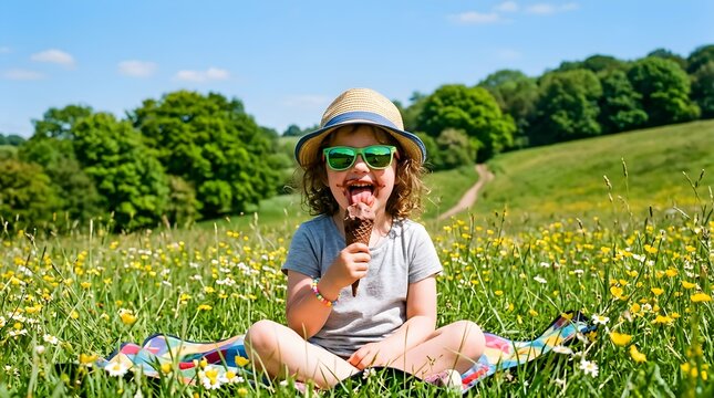A joyful child eats ice cream outdoors on a sunny summer day, embodying the carefree happiness and simple pleasures of childhood
