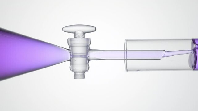 Clear violet liquid flows from separatory funnel through glass stopcock into test tube, filling it up on light grey | Purple basil hydrosol cosmetic science concept