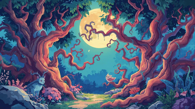 mysterious big tree in the forest during the full moon illustration