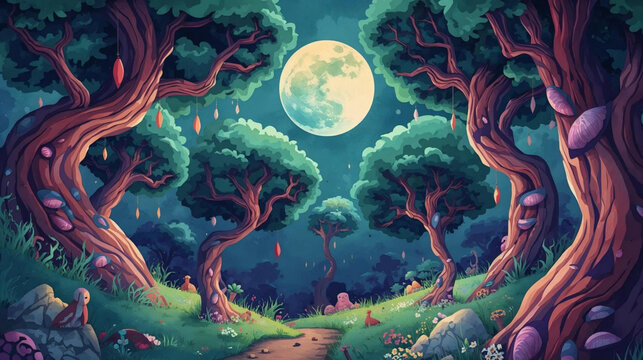 mysterious big tree in the forest during the full moon illustration