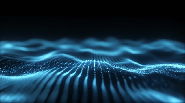 Abstract digital landscape with glowing blue waves formed by dotted lines, rippling over a dark field to evoke motion, data flow, networks, and futuristic light textures