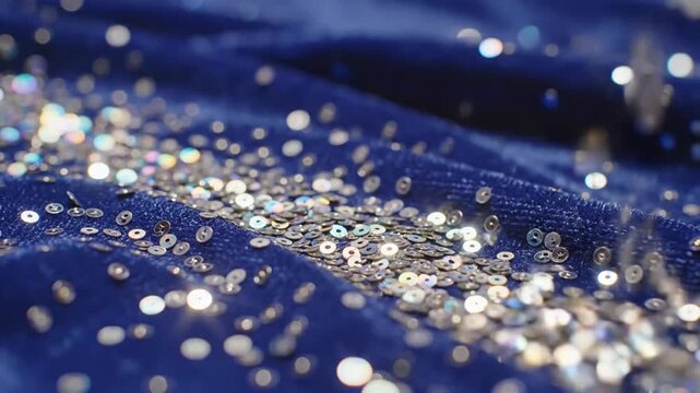 Close-up view of sparkling silver glitter on a blue fabric surface