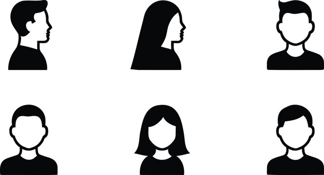Diverse group of six anonymous profile silhouettes male and female isolated on transparent background for user interface design and identity concepts