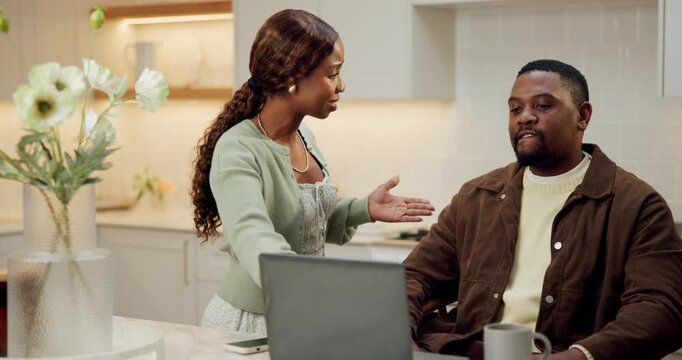 Black couple, laptop and upset with disagreement in home, angry woman and man with gambling problem. Stress, frustrated person and guilty partner with financial fail, money trouble and tech with debt