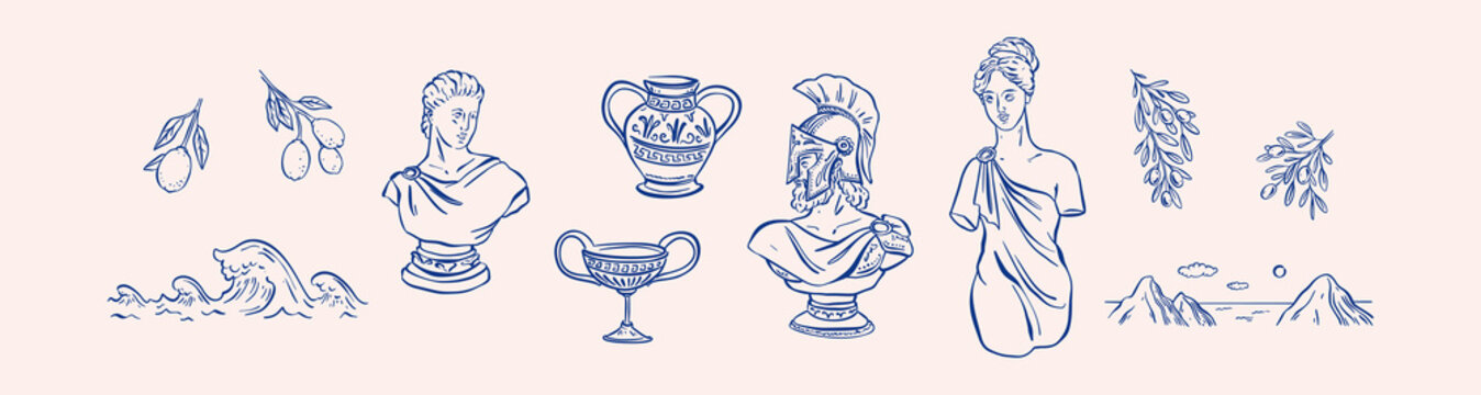 Set of line art hand drawn Greek doodle icons. Museum outline sketch background. Ancient Greece archeology illustration. Antique roman sculpture, amphora, vase. Coastal sea landscape