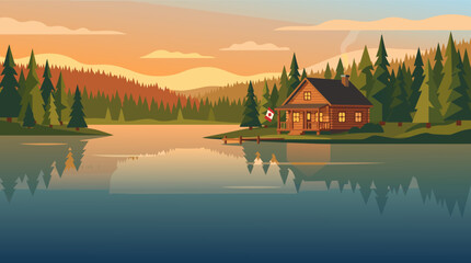 A serene Canada Day July 1st illustration with empty space for Canadian pride celebration messages and copy space beside a peaceful lake cabin © Purnomo Semlirick