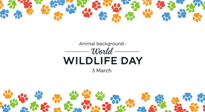 World wildlife day background with colorful animal paw prints