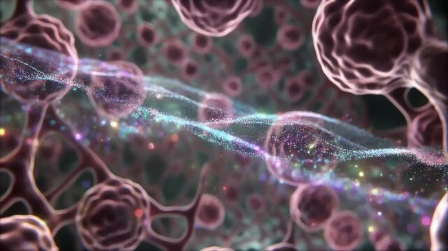Abstract microscopic scene of pink rounded cells, glowing strands, and shimmering particles vividly
