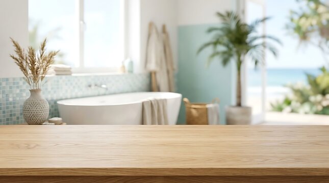 Wooden Table Countertop in Bright Coastal Bathroom Mockup for Product Display with Tropical Beach View and Luxury Tub