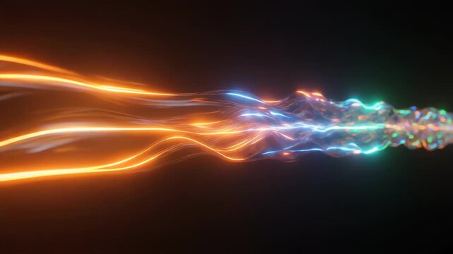 Abstract neon light trails swirl through darkness, with orange and blue ribbons of energy. In motion