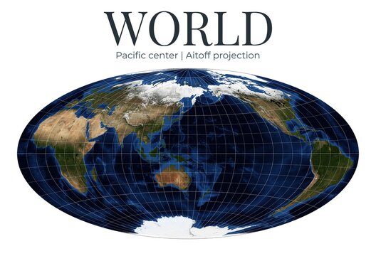 World map in Aitoff projection, Pacific center, detailed physical Earth view. April View. Elements of this image furnished by NASA.