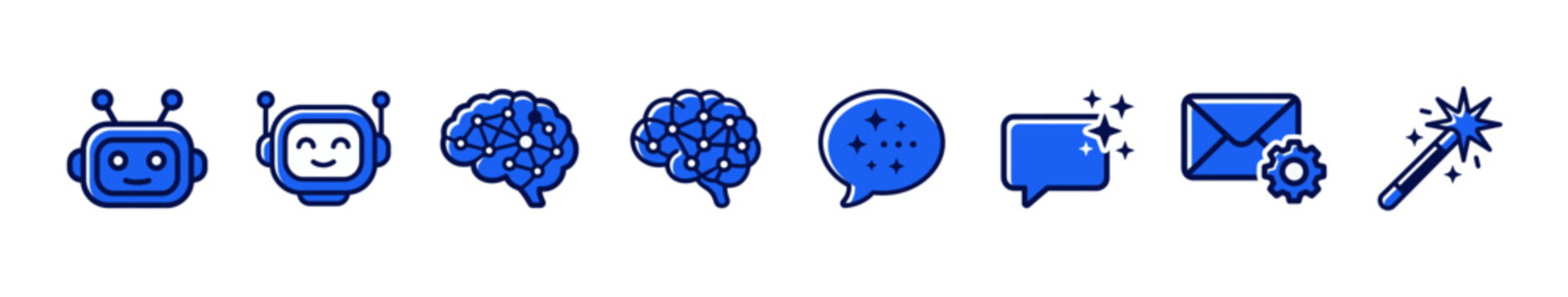 Artificial Intelligence and Chatbot Vector Icon Set, Filled Outline Blue Icons for Generative AI, Neural Network Brain, Digital Assistant, and Automation Concepts