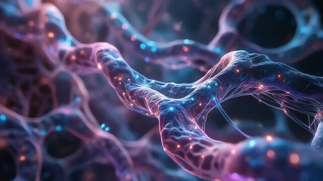 Abstract neural filaments glow in blue and purple, forming luminous, interwoven networks. Under glow