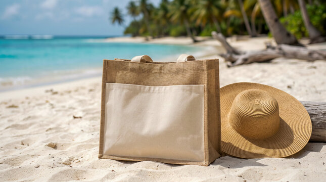 Bolsa ecol&oacute;gica de playa con fondo tropical para branding y merchandising.