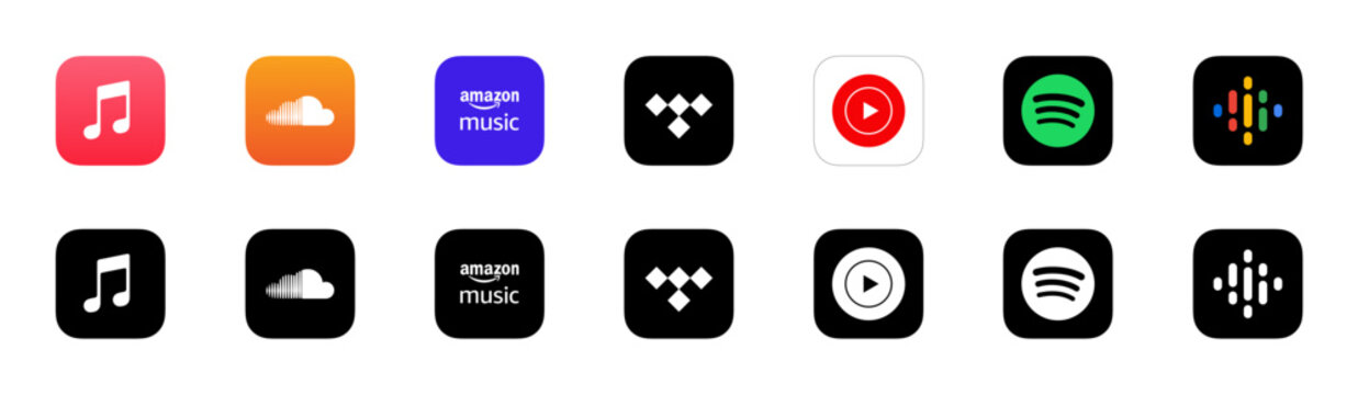 Streaming music podcast app logo icons set soundcloud, spotify, youtube music collection