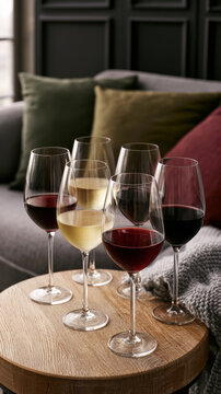 Six wine glasses filled with red and white wine on wooden table, cozy living room background, elegant and inviting atmosphere