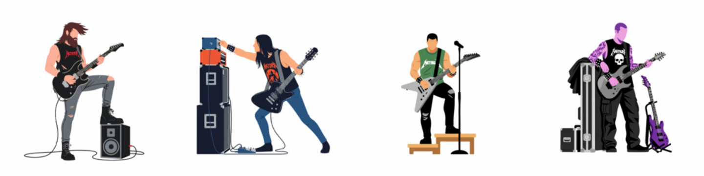 Set of four flat vector illustrations featuring heavy metal guitarists with their electric guitars, amplifiers, and music equipment on a white background.
