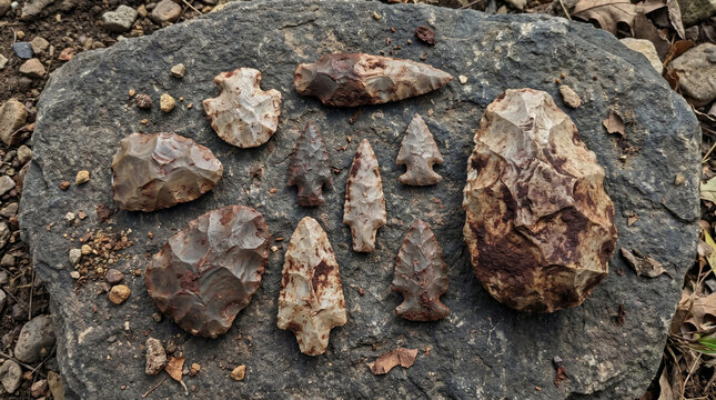 Collection of Ancient Stone Arrowheads Tools Laid Out on Large Rock