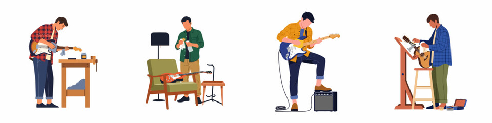 Fototapeta premium Set of flat vector illustrations showing men playing, cleaning, and maintaining electric and acoustic guitars in different settings.