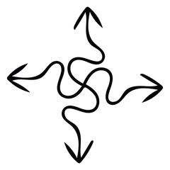 Fototapeta premium Single black hand drawn arrow shape with four wavy arms pointing in different directions isolated on a white background.