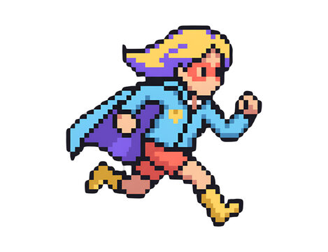 Retro 8-Bit Pixel Art Superhero Girl Running Game