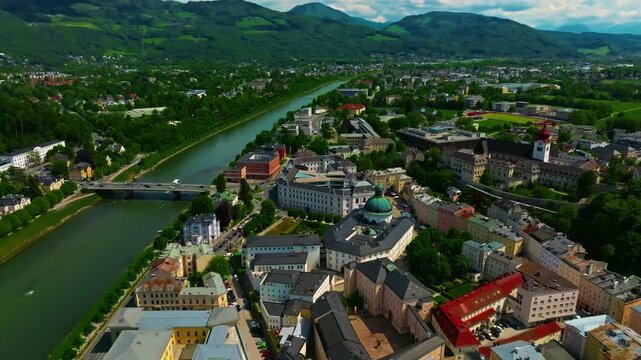 Aerial view of Austrian city of Salzburg is the birthplace of the famous composer Mozart