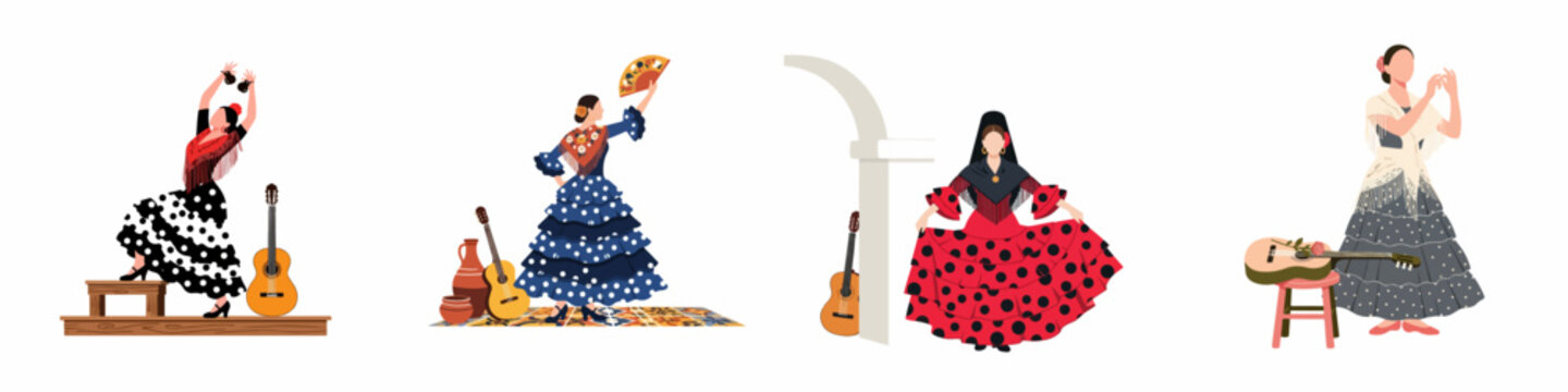 Collection of flamenco dancers in traditional Spanish dresses with acoustic guitars and fans in flat illustration style.