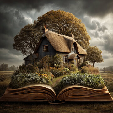 Fantasy art: fairy little cottage with garden and trees growing out of an open children storybook