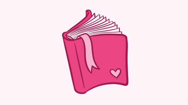 A vibrant pink cartoon book with a heart on the cover and a ribbon bookmark is open to reveal its pages