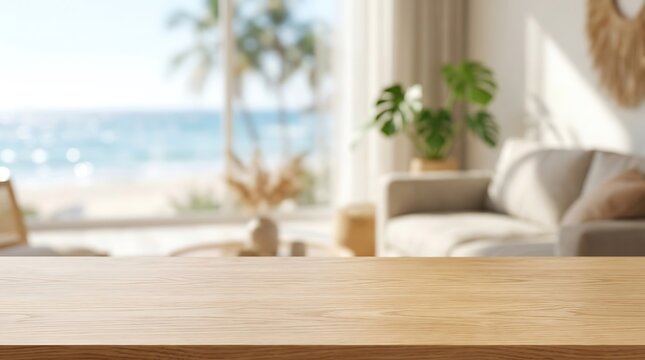 Empty Wooden Table Mockup in Bright Beach House Living Room with Ocean View for Product Display Background Presentation