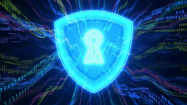 Futuristic digital shield with a keyhole symbol surrounded by flowing binary code. Represents cybersecurity, data protection, and digital safety