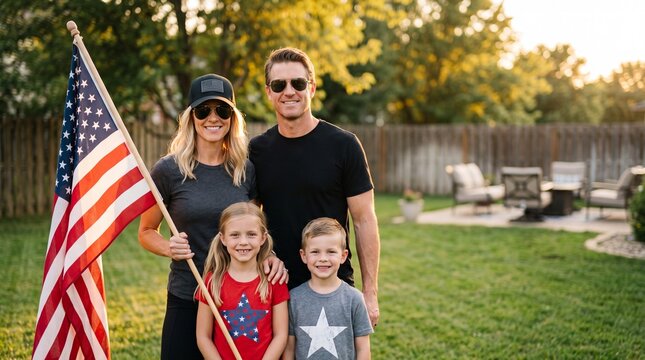 Happy patriotic American family with children celebrating 4th of july holding US flag in backyard