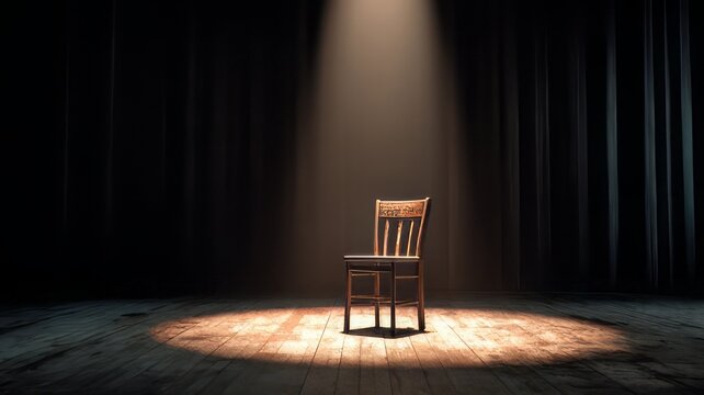 A lone wooden chair sitting center stage under a single blazing spotlight, chair in the dark, chair in the dark room, chair on the stage