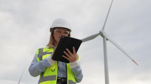A dedicated female engineer in safety gear inspects vital data on her tablet by a towering wind turbine, symbolizing sustainable energy and modern technologys role in renewable projects