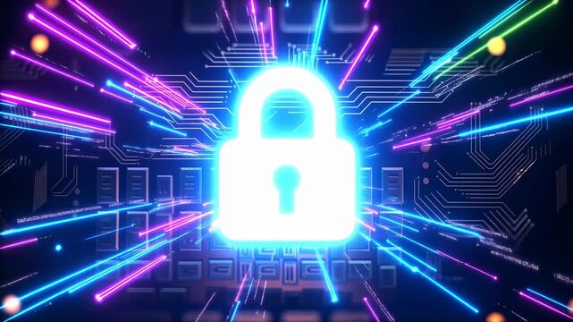 Digital padlock symbol surrounded by vibrant light streaks on a circuit board background. Represents cybersecurity, data protection, and digital safety