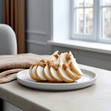 Fresh pear slices with creamy nut butter on white plate, soft natural light, cozy home kitchen, healthy snack, inviting and delicious