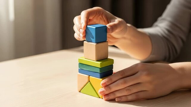 Woman playing with colorful wooden building blocks, demonstrating focus and fine motor skill for child development and therapy.