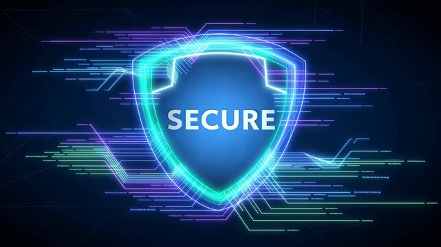 Digital shield with the word "SECURE" glowing, representing cybersecurity and data protection in a modern digital landscape. Essential for online safety and trust