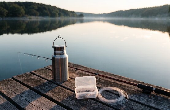Leisure fishing equipment on a tranquil lake at sunrise for anglers