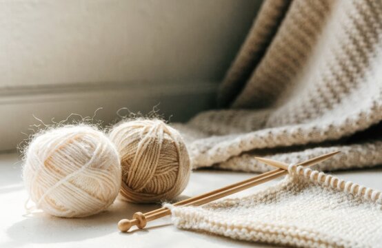 Cozy knitting hobby with yarn balls and needles on a windowsill