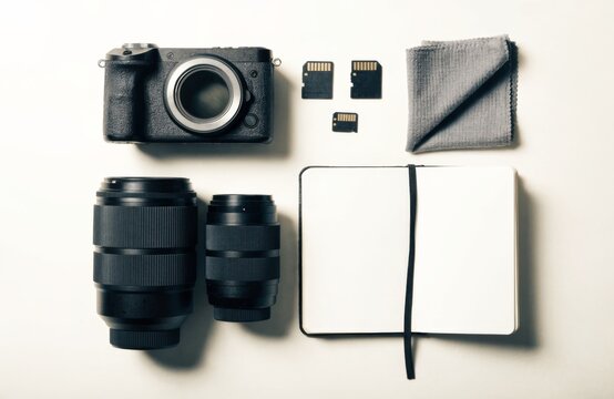 Top view of a camera, lenses, memory cards, and notebook for photography
