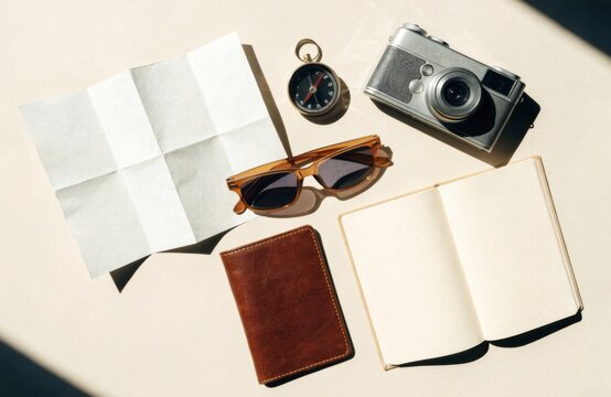 Travel planning essentials laid out flat, ready for adventure