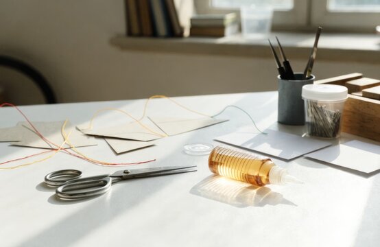 Craft supplies arranged on a clean workspace with natural light exposure