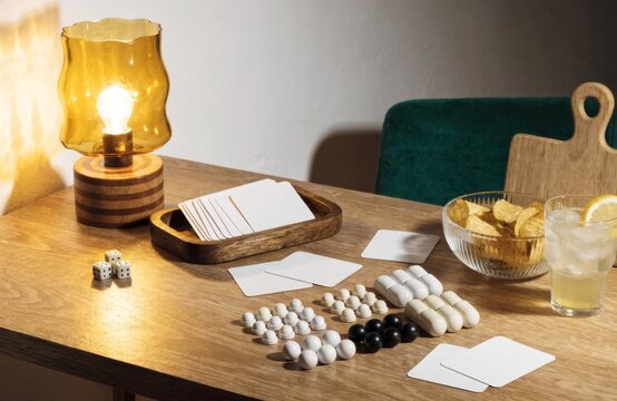 Cozy evening with board games, snacks, and a warm lamp glow
