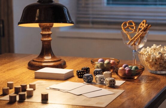 Cozy board game night setup with dice, cards, snacks, and warm lamp light